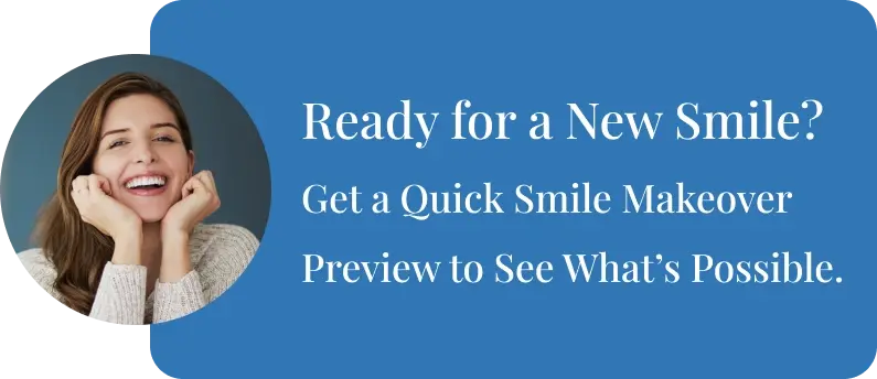 Happy woman with bright smile promoting cosmetic dental makeover consultation services.